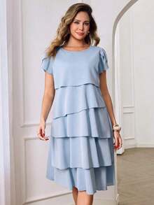 Vestido de mujer de unicolor con cuello redondo, mangas cortas con volantes en los puños y dobladillo con volantes, vestido de moda para vacaciones, primavera y verano - Azul marino - Ver 8