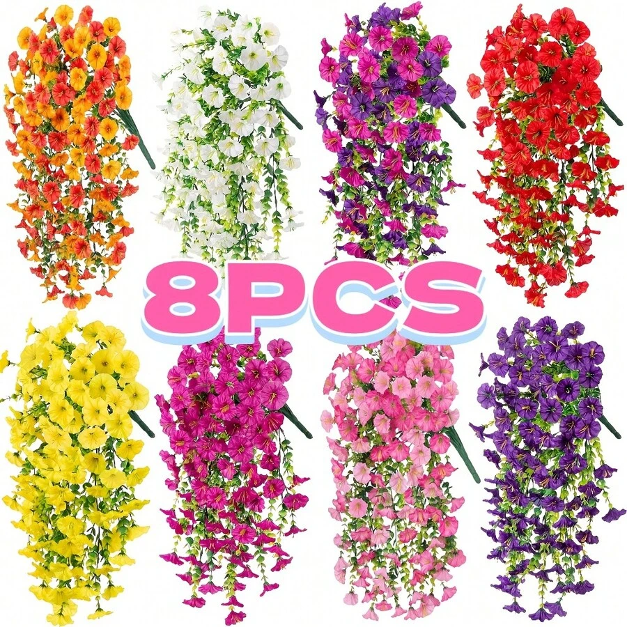 4/8pcs Artificial Morning Glory Plant Outdoor Simulated Flowers- No Maintenance Required- Multifunctional UV-Resistant Realistic Hanging Plants, Suitable For Home Decoration, Outdoor Courtyard, Porch, Terrace, Home Garden Decoration
