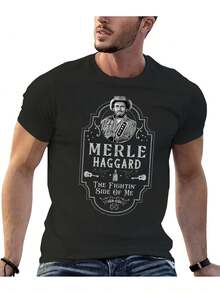 Magliette da uomo 2026 Maglietta casual e creativa da uomo con grafica vintage di Merle Haggard in stile western, a maniche corte, con design confortevole e traspirante. Regalo per la Festa del Papà - nero - Visualizzare 1