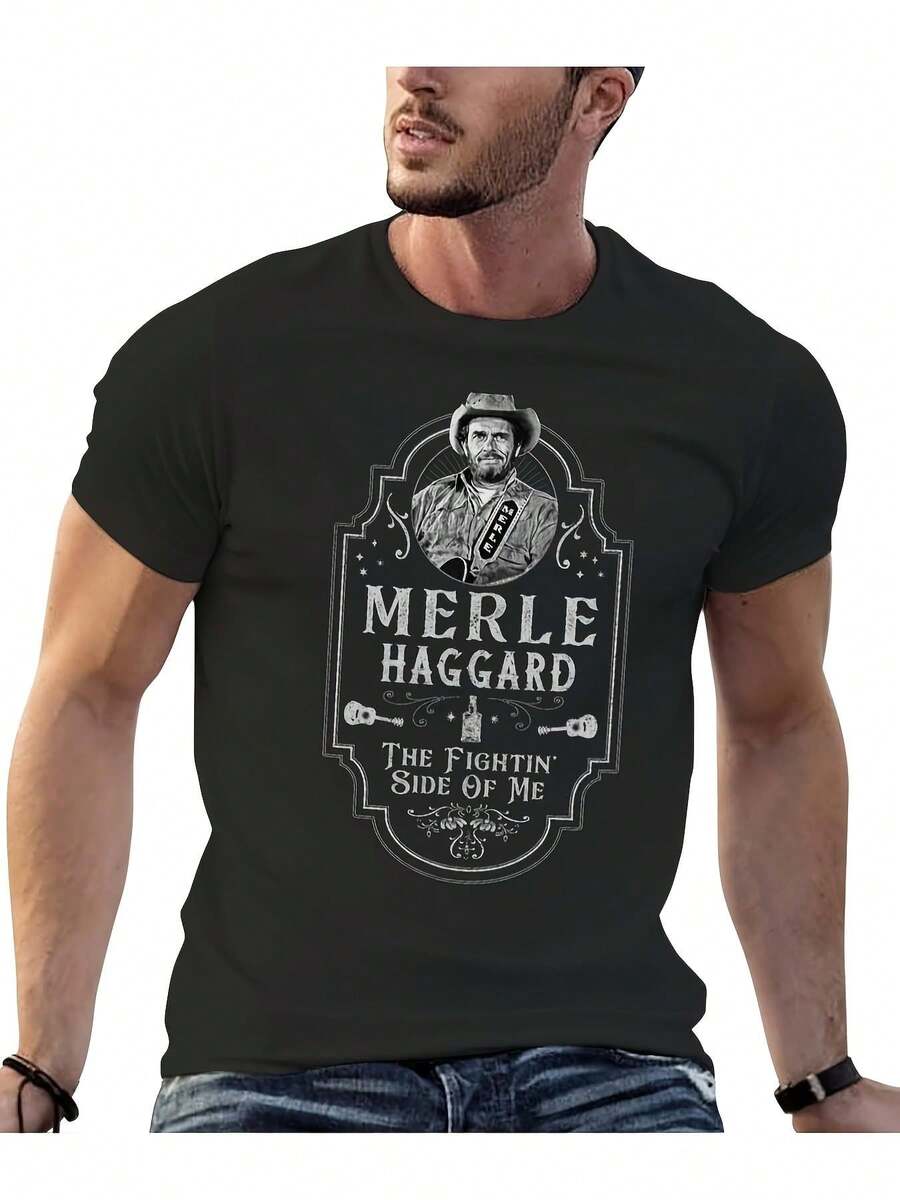 Magliette da uomo 2026 Maglietta casual e creativa da uomo con grafica vintage di Merle Haggard in stile western, a maniche corte, con design confortevole e traspirante. Regalo per la Festa del Papà - nero - Visualizzare 1