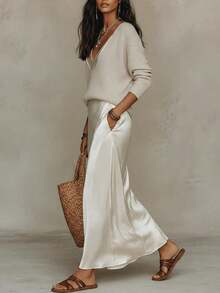 Women'S Knit Sweater And Satin Slip Dress Two-Piece Set With - 杏色西裝 - 查看 2