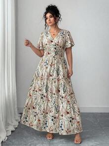 Vestido maxi de manga de campana con cuello en V, estampado floral diminuto y efecto estilizador de la cintura, para mujer de talla grande.Elegante y casual, apropiado para la primavera y el verano, ideal para looks de playa, vacaciones de primavera, té y Pascua. - Multicolor - Ver 5