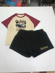 Classic 1998s Green Colorblock Convertible Car Print Crew Neck Raglan T-Shirt Plus Size 2pcs Set Women's Casual Minimalist Summer Top Elegant - Multicolor - View 2