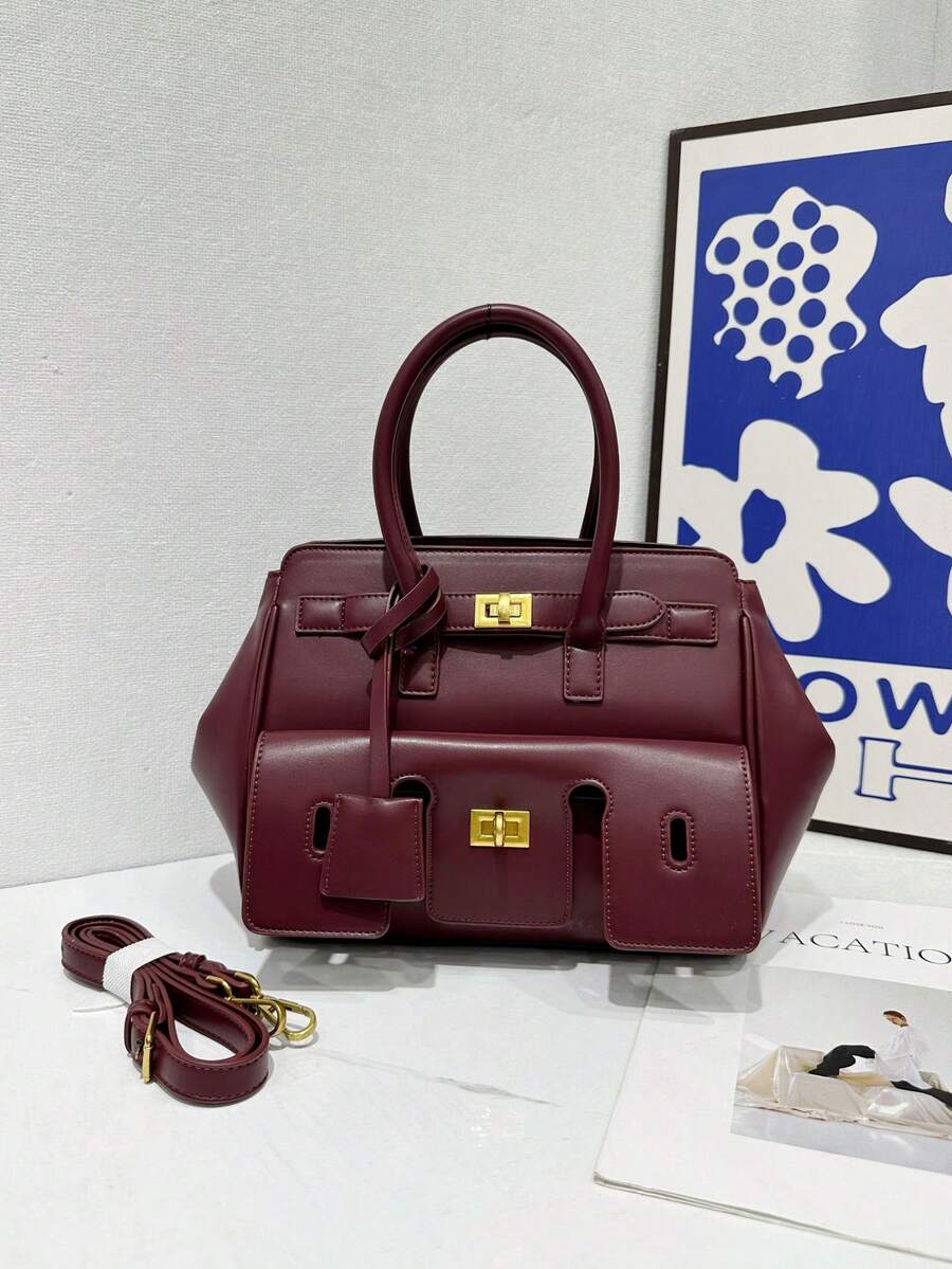 Fashionable Black Motorcycle Handbag, Large-Capacity Daily Bag, Multi-Purpose Shoulder Crossbody Bag - Burgundy (with Gold Hardware) - View 1