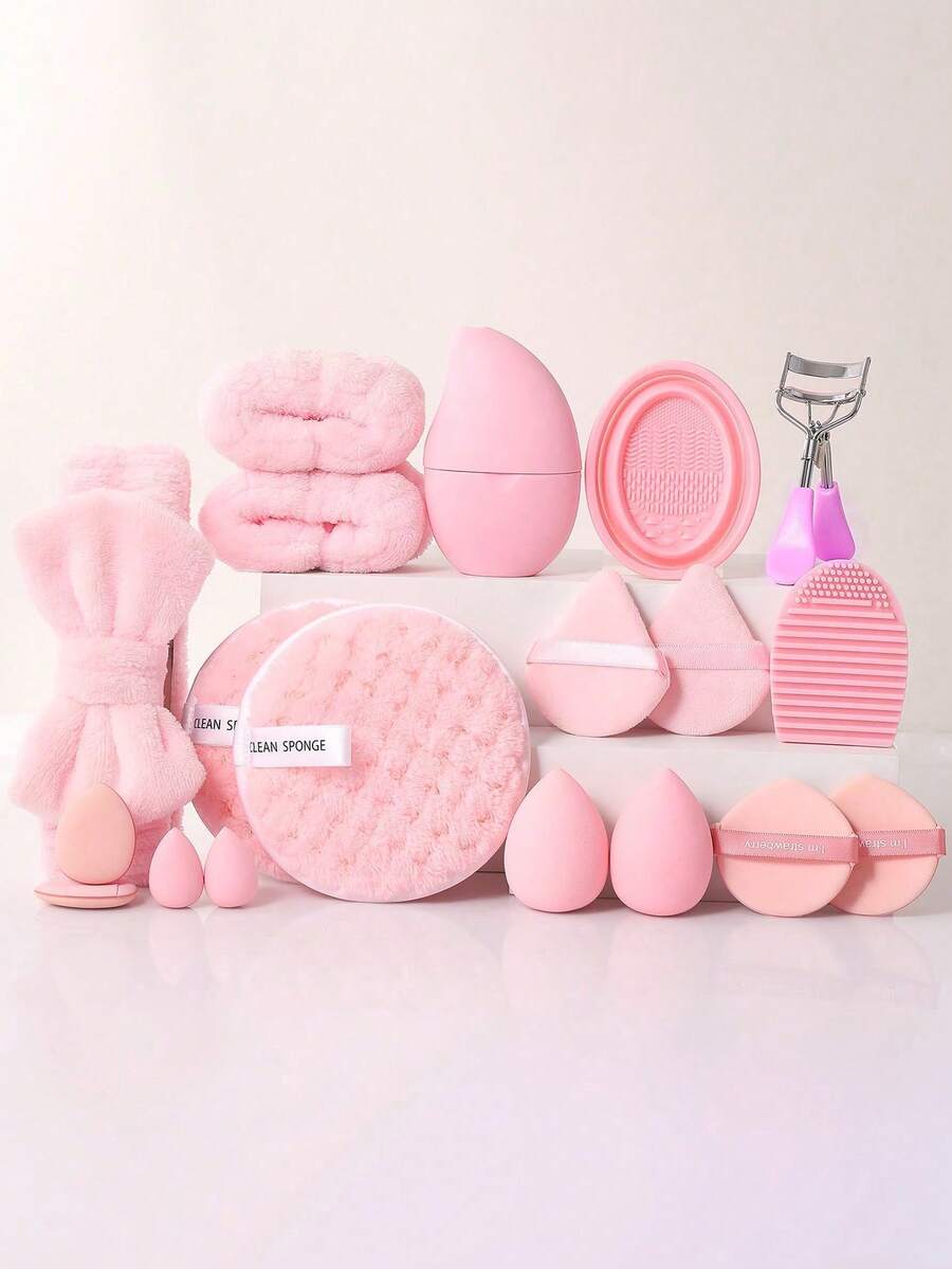 Bộ 19 món dụng cụ trang điểm hoàn chỉnh, bao gồm băng đô cài tóc, dây đeo cổ tay, dụng cụ chăm sóc da mặt, dụng cụ uốn mi, dụng cụ vệ sinh, các loại bông phấn và mút trang điểm. - Nhiều màu - Xem 1
