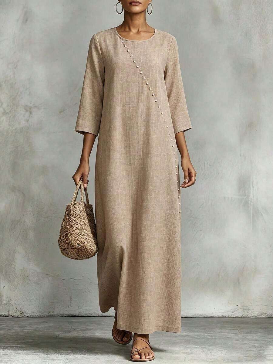 Vestido holgado de mujer con cuello redondo, decoración de botones y mangas 3/4 de estilo lino, cómodo para primavera y verano - Caqui - Ver 1