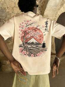 The Hottest Item Of The Summer: Men's Short-Sleeved Crew Neck T-Shirt With Embroidered Sakura And Mountain Print, Minimalist Summer Fashion. | Basic Casual Urban Style T-Shirt, Boyfriend Gift, Stylish, Popular, Party T-Shirt. - 杏色 - 查看 8