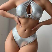 Sexy Solid Color Three-Piece Bikini Set P108 - 銀色 - 查看 3