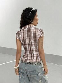 Blue Plaid Cap Sleeve Fitted Shirt For Women - Azul 3 - Ver 8