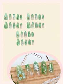 10 móng giả kiểu Pháp ombre màu xanh lá cây, họa tiết hoa 3D gợn sóng đính đá hình bướm, phong cách Y2K tươi mới, bóng bẩy, phủ kín toàn bộ móng, thích hợp cho mùa xuân và sử dụng hàng ngày. - Nhiều màu - Xem 3