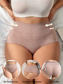 1pc Seamless Plus Size Non-Binding Postpartum High Waist Tummy Control Waist Cincher Butt Lifting Shaping Triangle Panties - Khaki - View 5