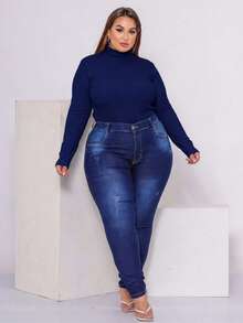 Women's Plus Size Long Sleeve Turtleneck Blouse, Ribbed Knit, Winter Sweater - Azul Marino - Ver 6