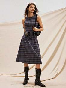 AYYEaselle Vestido de cuadros sin mangas con recogido en la cintura y silueta evasé para mujer, vestido de cuadros a media pierna, vestido de cuadros para mujer, vestidos de estilo francés para mujer, vestidos para mujer ElenzgaAYY - Multicolor - Ver 3