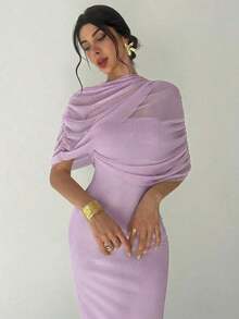 Vestido ajustado con cuello de volantes, cintura plisada y asimétrico, color amarillo sólido elegante y romántico.Atuendo para playa, aeropuerto, vacaciones y maestros. - Lila Púrpura - Ver 2