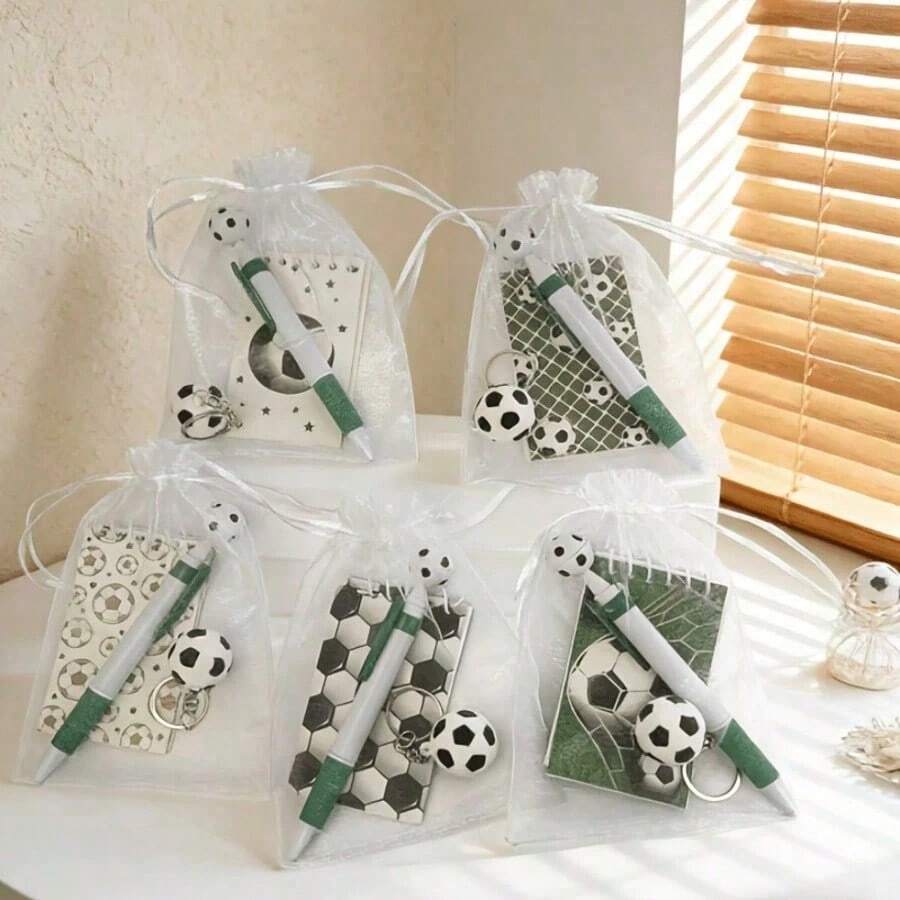 20/8/4/1pc Soccer Theme Stationery Gift Set, Includes 5 Mini Notebooks, 5 Soccer Keychains, 5 Soccer Pens, 5 Gift Bags, Suitable For Parties, Events, School Gifts - Standard Model - View 1