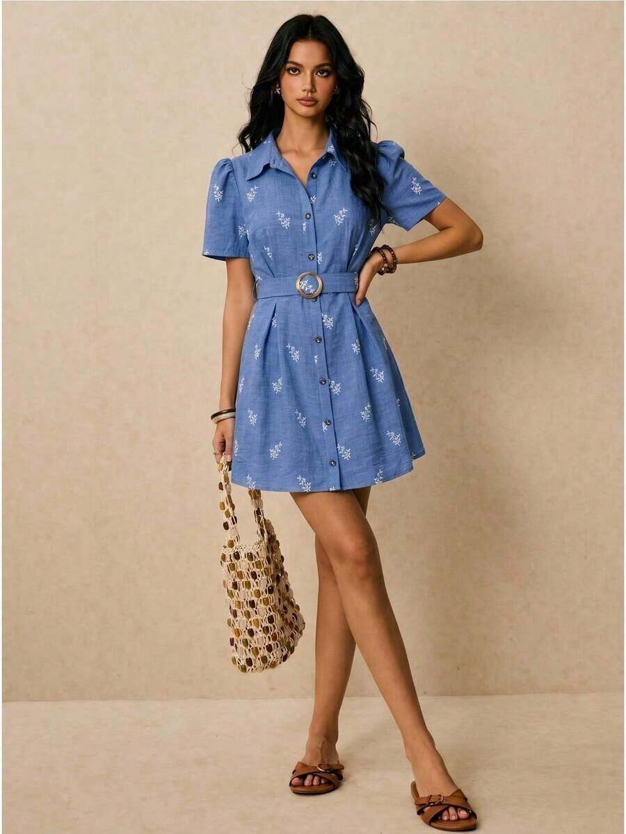 Vestido camisero mini con mangas abullonadas, cinturón con hebilla y unicolor para mujer, estilo casual de verano - Azul marino - Ver 1