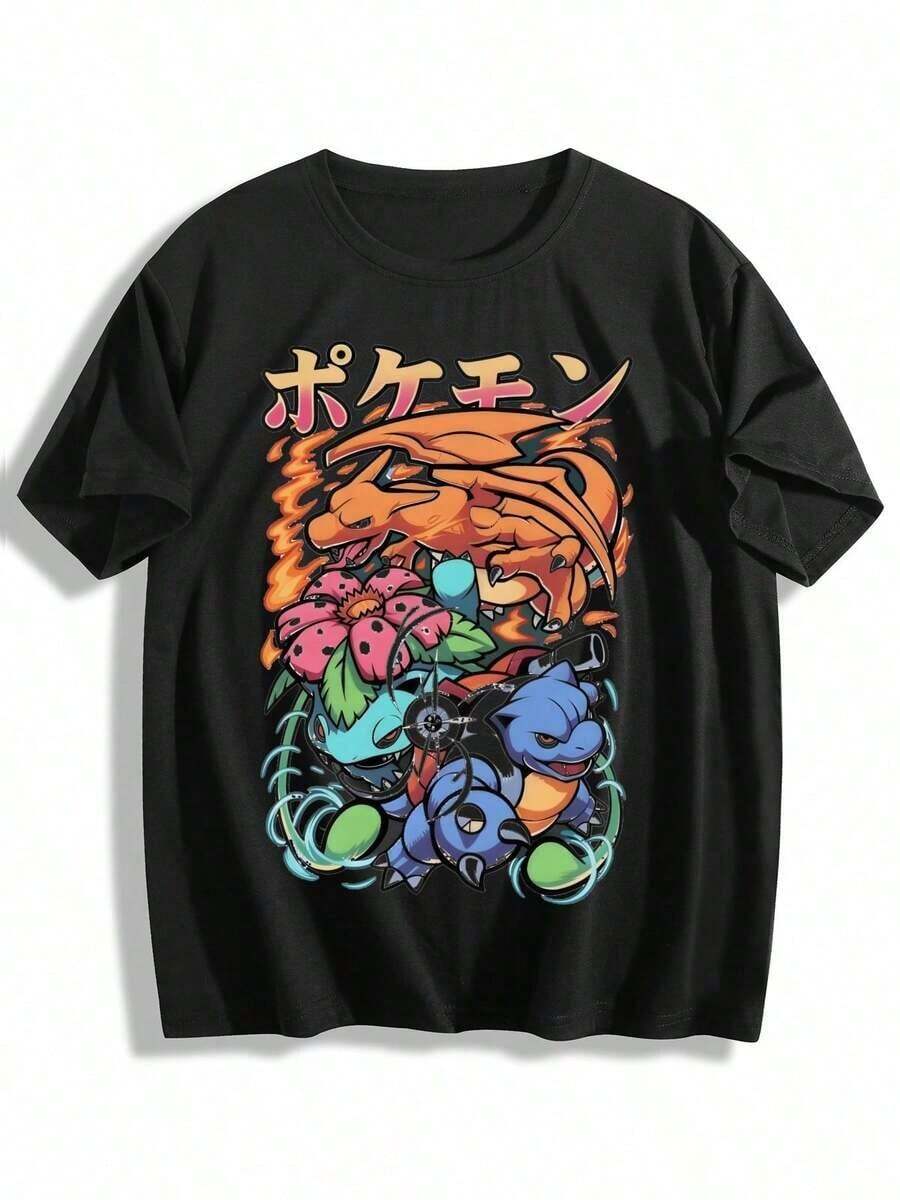 Camisetas Gráficas de Manga Corta Estilo Vintage Lavado con Temática de Kanto Starters XTCL - Blanco - Ver 1