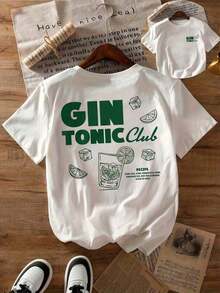Women's Vintage T-Shirt With Green "GIN TONIC Club" Lettering, Symbolizing A Cocktail Club With A Simple Linear Design Of Ice Cubes And Lime Slices In - White - View 4