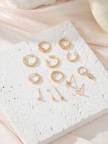 13pcs Sun & Moon Decorated Earring Set, Delicate Cubic Zirconia Earstuds Suitable For Women Daily, Vacation, Party Wear, Holiday Gift (No Box) - Yellow Gold - View 4