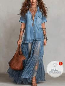 2026 Summer New ArrivalsWomen's Spring-Summer Short-Sleeve Non-Fabric Shirt-Style Tiered Dress | Casual Fashion Design Showcasing Relaxed Temperament, - 藍色 - 查看 3