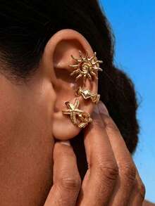 3pcs Bohemian Style Gold Starfish & Sun Clip-On Earrings, Fake Ear Cuff Earrings, Summer Beach Jewelry For Women - Yellow Gold - View 6