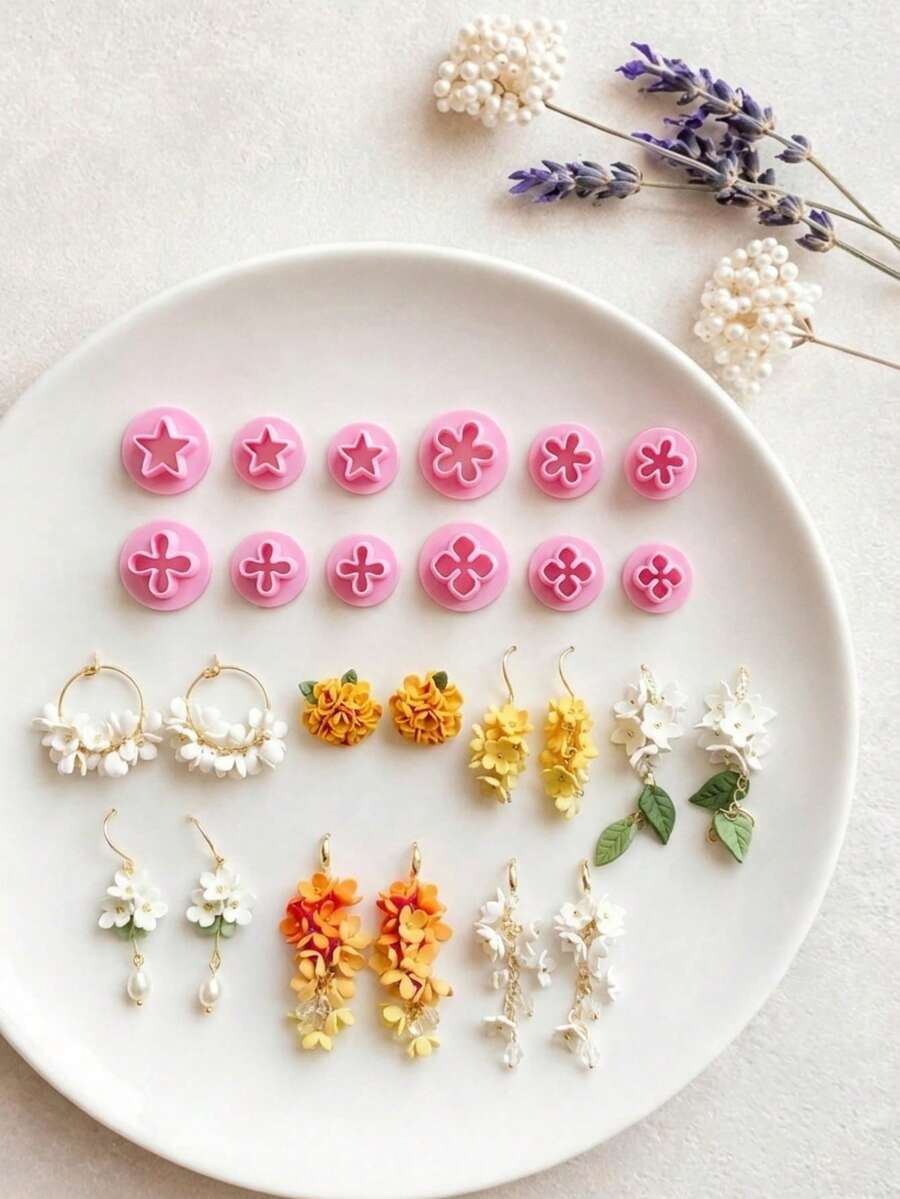 Mini Floral & Star Polymer Clay Cutters, Tiny Flower Star Mold For Handmade Hydrangea & Jasmine Style Earring, Ideal For Dainty & Romantic Vibe Jewelry Crafting - Pink - View 1
