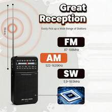 FM/AM/SW收音机，迷你手持收音机，挂绳设计，便携，3.5mm耳机插孔，音量可调，高清HiFi音质，优质收音机，可充电电池，500mAh锂离子电池 - 查看 4