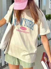 Men's Fashion Explosion Short Sleeves. Women's Casual Loose Summer T-Shirt With Letter Print, Versatile Everyday Casual Fashion. Printed T-Shirt, Vacation - 杏色 - 查看 5