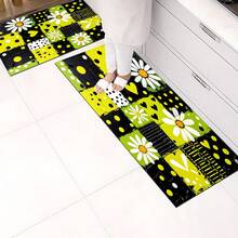 1pc Abstract Floral Plaid Pattern Printed Floor Mat, Silica Gel Kitchen Carpet, Kitchen Mat, Rug, Easy To Clean, Rectangular Printed, Suitable For Living Room, Bedroom, Hallway, Bathroom, Laundry Room - Polyester Carpet, Suitable For Indoor And Outdoor Home Decor - Multicolor - View 3