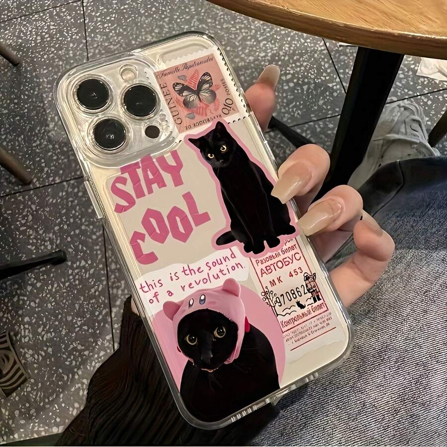 1pc Space Collage Pink Minimalist Black Cat TPU Shockproof Full Coverage Phone Case, Compatible With Apple 17, 16, 15, 14, 13, 12, 11 Pro Max, Air, And Series - Multicolor - View 1