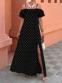 Elegant Bohemian Style Off-Shoulder Polka Dot Maxi Dress, Short Sleeve Fitted Woven Fabric, Slit Design Summer - Multicolor - View 3