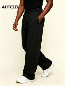 AHTELB Pantalones rectos de pierna ancha con cintura elástica y cordón, pantalones deportivos de unicolor cómodos y versátiles de moda - Negro - Ver 5