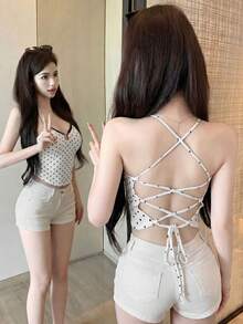 Sexy Backless Criss-Cross Strap Heart Shaped Polka Dot Spaghetti Strap Crop Top With Chest Pad, Outings, Commuting, Valentine's Day, Vacation Casual - White Background With Black Dots - View 3