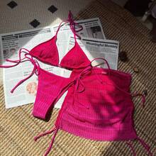 2026 New Gradient Mesh Three-Piece Beach Skirt Sexy Bikini - Hot Pink - View 6