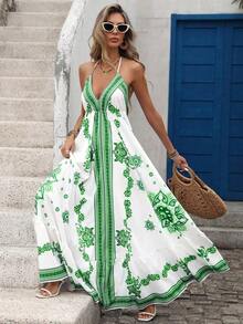 Holidaya Vestido de verano sin espalda con tirantes y estampado de tótem azul y blanco de estilo tropical para mujer, vestido de playa de primavera/verano, vestido de vacaciones de verano, vestido bohemio de verano, vestido azul y blanco para mujer, vestido de sol para mujer, ropa de mujer bohemia, vestido bohemio sin mangas con cuello halter y estampado aleatorio y volante en el bajo para mujer - Verde - Ver 8