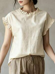 Women's New Ruffle Collar & Sleeve Design Solid Color Casual Blouse, Elegant And Versatile For Summer, Suitable For Work, Home And Office - Apricot - View 3