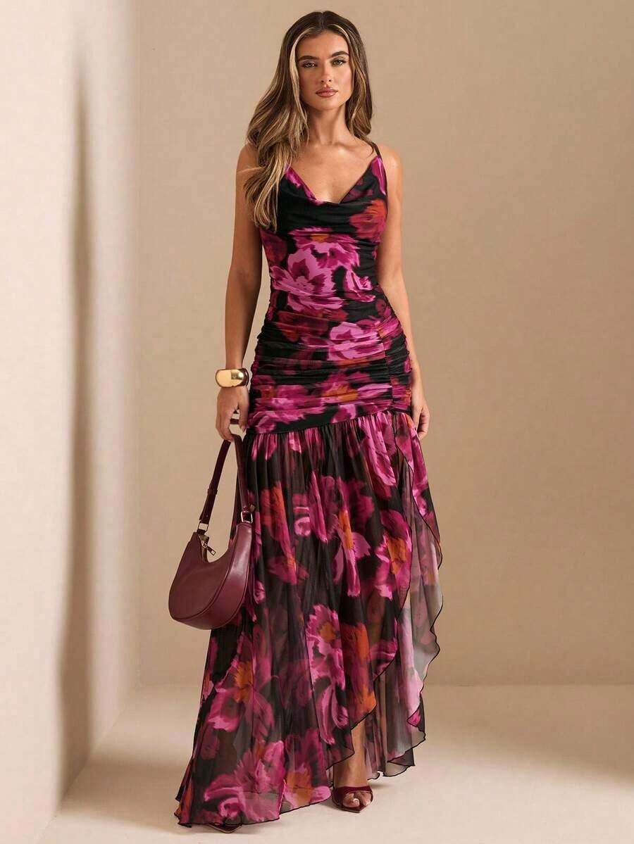 xheSHEIN  Vestido transparente con cuello profundamente drapeado, abertura alta y estampado floral sólido verde y rosa, vestido de playa, vestido sexy y elegante para primavera y veranoxhe - Rosa 2 - Ver 1