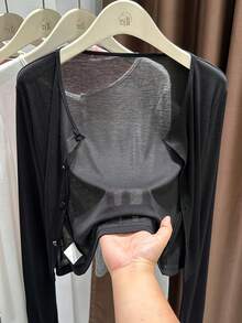 Women's Cardigan | Lightweight Long-Sleeve Cover-Up | Breathable Summer Kimono | Loose-Fitting Shield Vest | Outerwear For Dresses And Cheongsams | Elegant And Ethereal Bolero - 黑色 - 查看 2