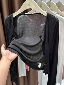 Women's Cardigan | Lightweight Long-Sleeve Cover-Up | Breathable Summer Kimono | Loose-Fitting Shield Vest | Outerwear For Dresses And Cheongsams | Elegant And Ethereal Bolero - 黑色 - 查看 6