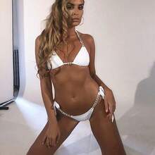 New Solid Color Sexy Strappy Swimsuit With Luxurious Rhinestones, 2026 New Bikini - White - View 2