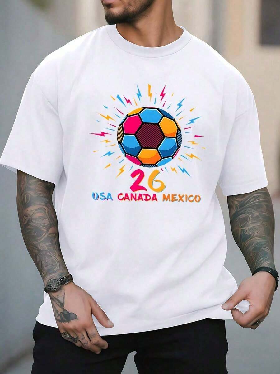 Balón multicolor con rayos y número 26 que simboliza la unión y energía entre USA Canadá y México transmitiendo pasión deportiva y espíritu vibrante Camiseta de hombre - Blanco - Ver 1
