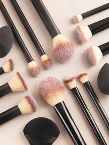 ronshadow Bộ 12 cọ trang điểm, bao gồm cọ mặt (phấn phủ/kem nền/má hồng/tạo khối) + cọ mắt (che khuyết điểm/phấn mắt/tán màu) kèm bông mút trang điểm, dụng cụ trang điểm chuyên nghiệp với lông cọ chuyển màu. - màu đen - Xem 6