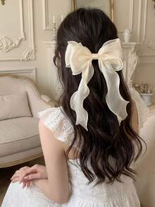1 chiếc kẹp tóc nơ satin cho nữ, phụ kiện tóc búi cao thanh lịch, dễ thương và đa năng. - Màu be - Xem 5