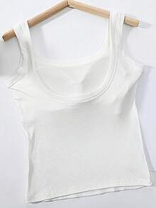 1pc All-Season Women's Sports Tank Top With Large U-Back, White Ribbed High-Elastic Fabric, 2-In-1 Removable Padded Cups, Yoga And Layering Summer - White - View 7