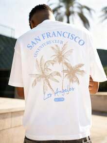 Coastal | Men's Plus Size Short Sleeve T-Shirt, Casual Vacation Style, With California Coastal Print | 100% Cotton | Suitable For Summer Wear | Comfortable And Breathable | Fashionable - 白色 - 查看 2