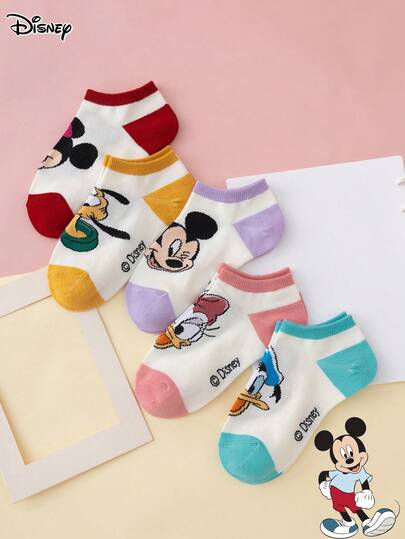 Disney 5雙迪士尼系列襪子，印有米老鼠、米妮、唐老鴨、黛絲鴨圖案，可愛有趣的卡通襪，適合兒童、運動、四季穿著，歐美尺寸，舒適、透氣、耐穿、色彩繽紛，適合日常穿著，優質面料，不悶腳