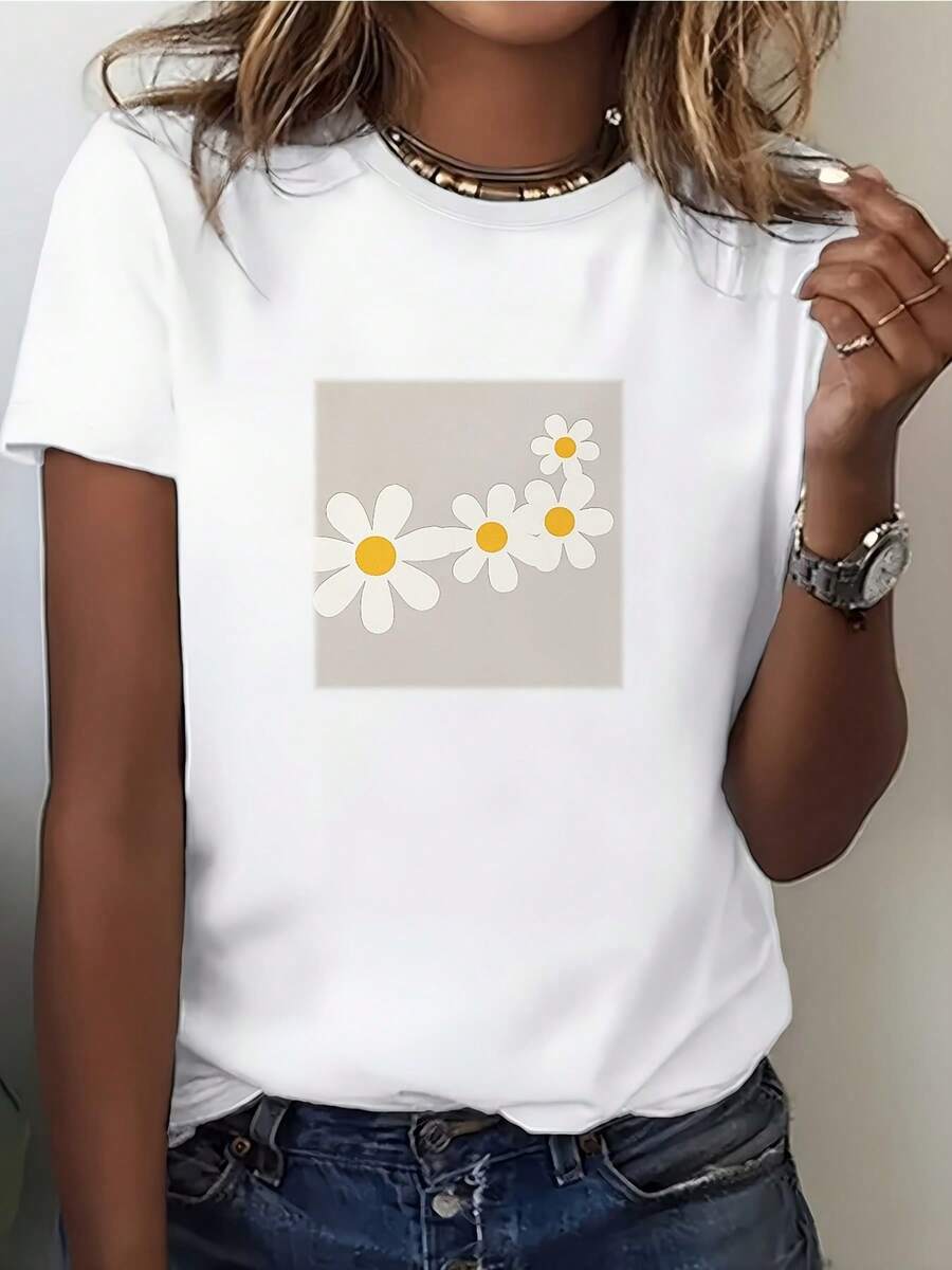 Women's Daisy Print T-Shirt | Soft And Breathable Summer T-Shirt | Perfect For Family Outings And Corporate Team-Building Activities | Ideal Gift For Mother's Day And Birthday Celebrations! - 白色 - 查看 1