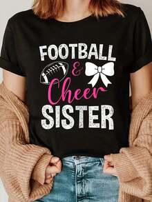 Funny Soccer Player And Cheerleader T-Shirt For Sisters, Casual Spring/Summer Style, With Patch Details And Letter Pattern, Crew Neck, Regular Length - Vintage Urban Style, Unisex, Loose Fit, Cotton, Short Sleeve, Crew Neck - 黑色 - 查看 7