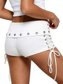 Y2k Shorts For Women High Waisted Fold Over Lace Up Side Stretchy Mini Booty Short Y2K Rave Club Party Concert Summer - White - View 1