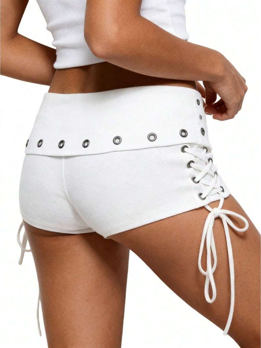 Y2k Shorts For Women High Waisted Fold Over Lace Up Side Stretchy Mini Booty Short Y2K Rave Club Party Concert Summer - White - View 1